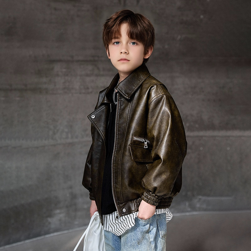 Streetwear Brand Designer - เสื้อโค้ทกันน้ำกันลมสีเขียวเข้มสำหรับเด็กผู้ชาย อายุ 2-12 ปี แจ็คเก็ตหนัง PU