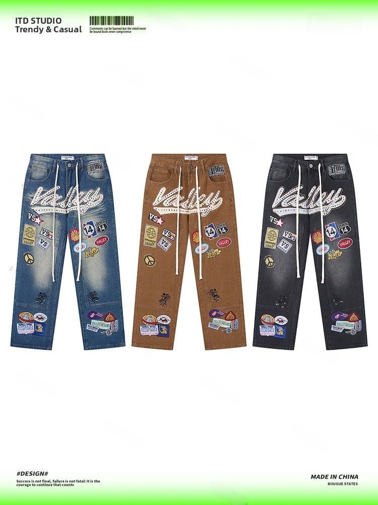 Valley Streetwear Brand - กางเกงยีนส์ผู้ชายทรงหลวมปักลาย VALLEY สไตล์สตรีท แบรนด์ทันสมัย ใส่สบายทุกฤดูกาล