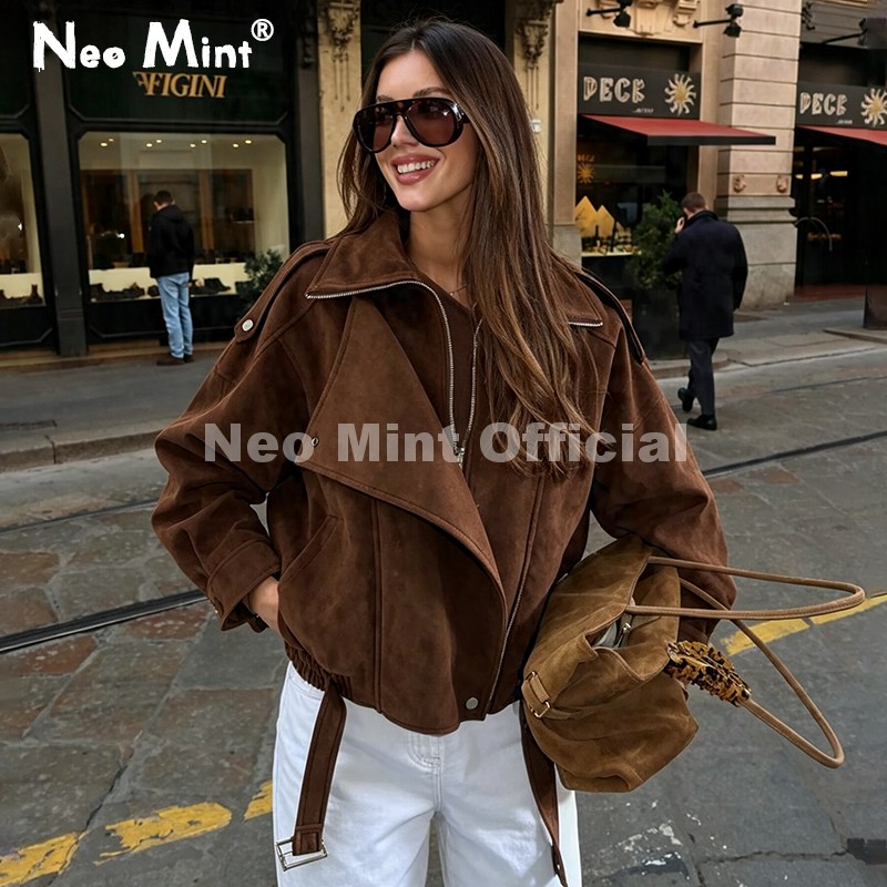 Streetwear Brand Designer - เสื้อแจ็คเก็ตหนังกลับสีน้ำตาลโอเวอร์ไซส์ รุ่น Neo Mint Autumn สำหรับผู้หญิง