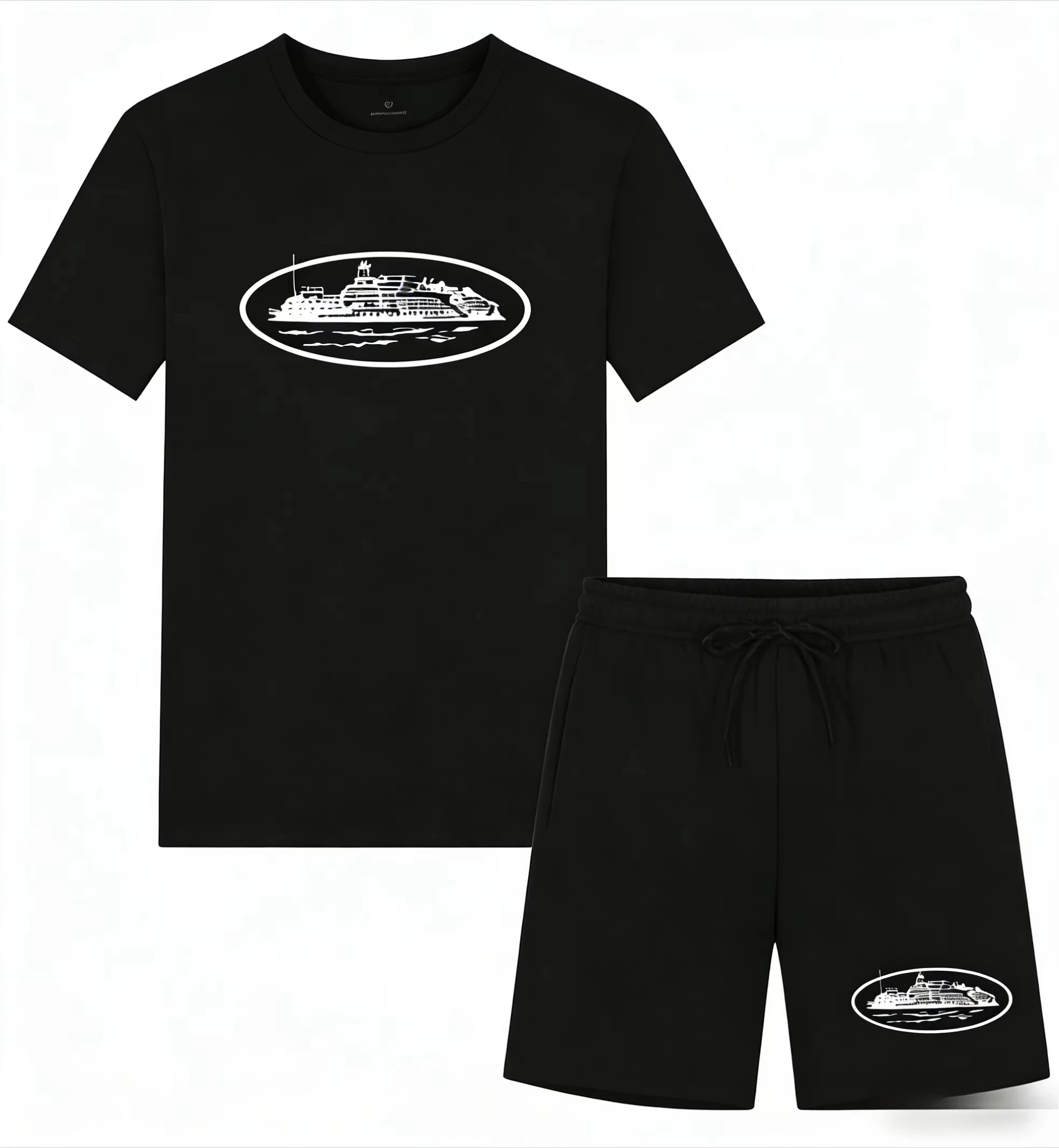 Streetwear Brand T Shirt - เสื้อยืดและกางเกงขาสั้นพิมพ์ลายเรือเล็กๆ รุ่นใหม่ประจำฤดูร้อนปี 2026 ทรงหลวม คอกลม ระบายอากาศได้ดี