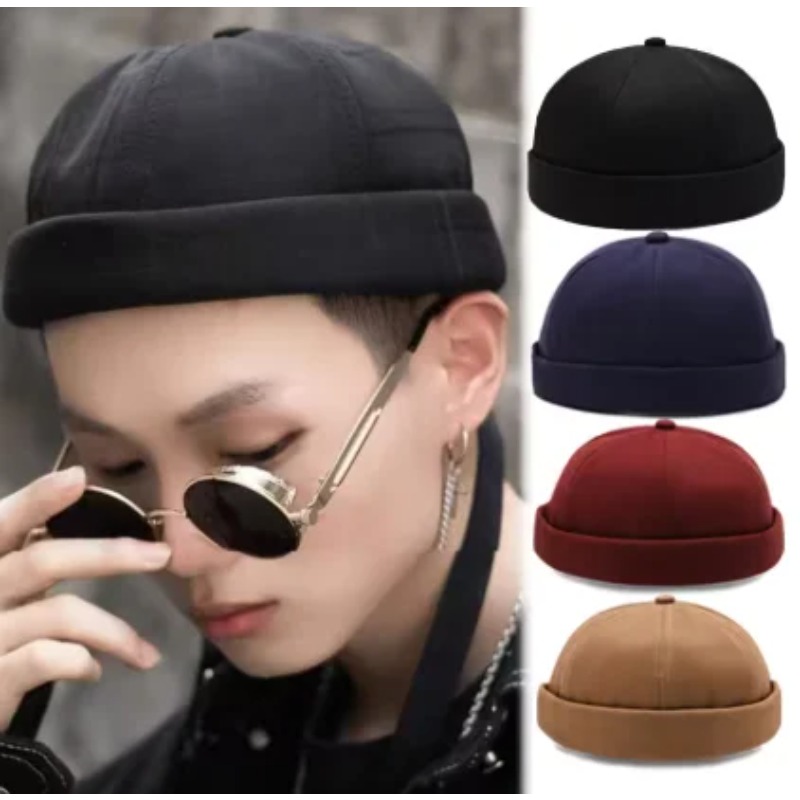 Streetwear Brand Beanie - หมวกทรงด็อคเกอร์สีพื้นคลาสสิก ไม่มีปีก ปรับสายได้ ยูนิเซ็กส์ สไตล์เรโทร ฮิปฮอป