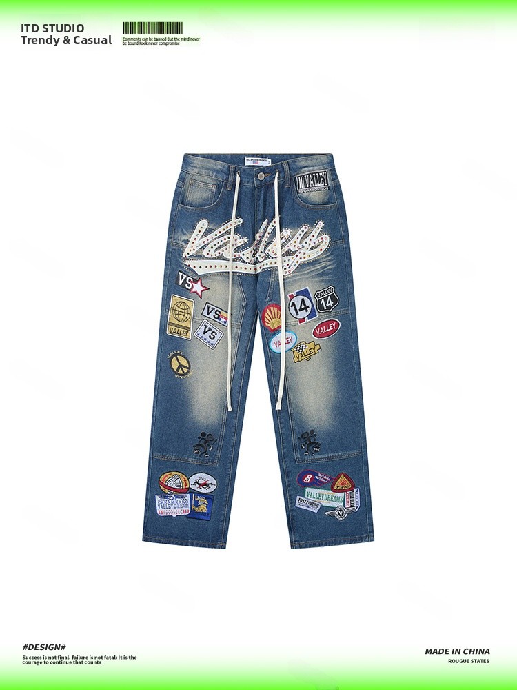 กางเกงยีนส์ผู้ชายทรงหลวมปักลาย - Valley Streetwear Brand บทวิจารณ์และราคา