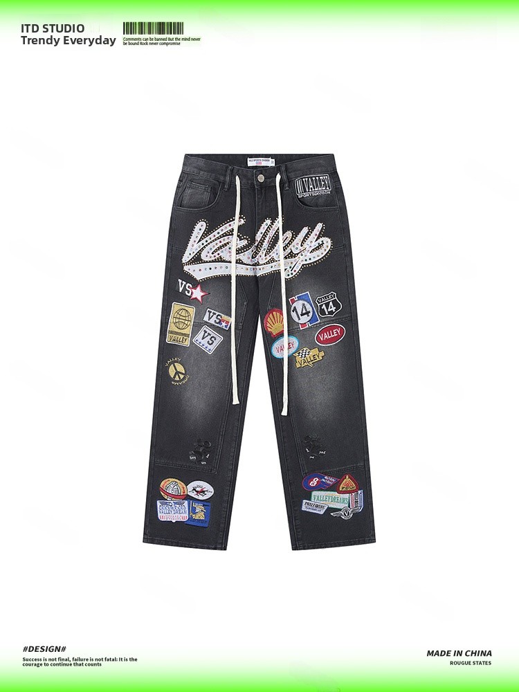 กางเกงยีนส์ผู้ชายทรงหลวมปักลาย - Valley Streetwear Brand บทวิจารณ์และราคา